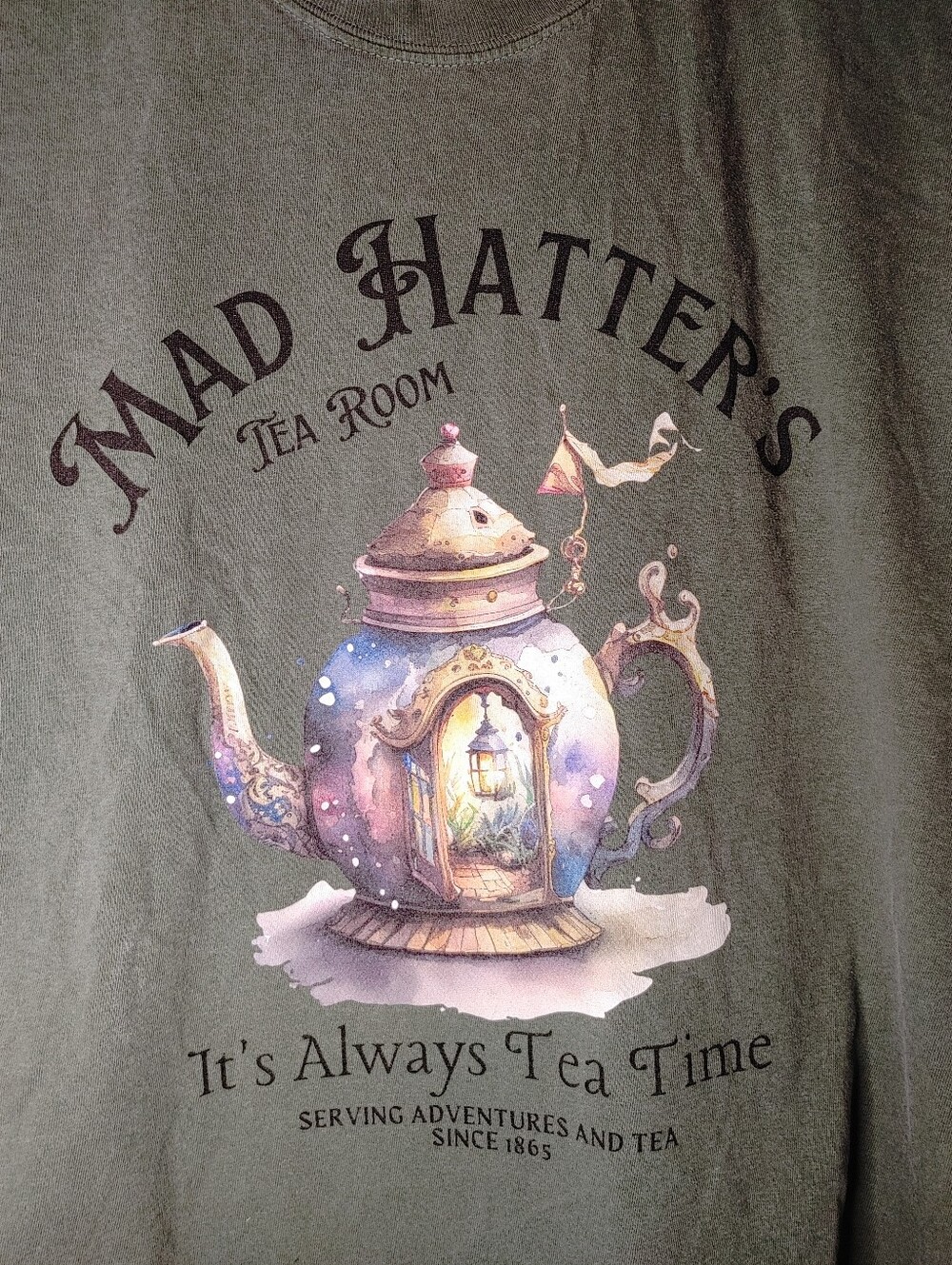 Comfort Colors Sage Green Heavyweight Tee With Mad Hatters Graphic - Picture 4 of 7